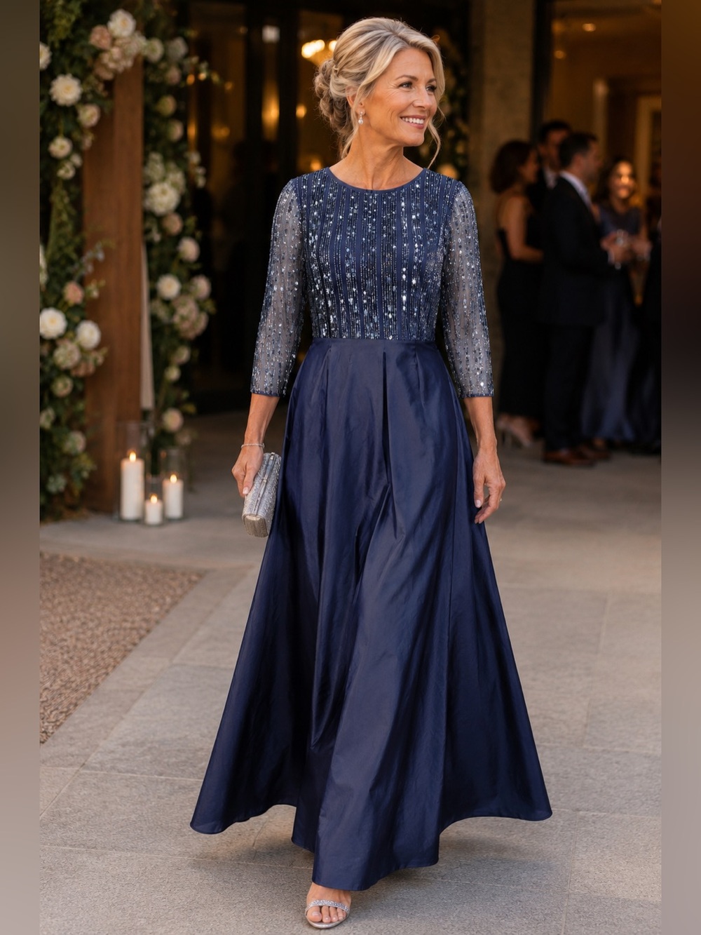 Pisarro Nights Dress Mother Bride Groom Navy Long-Sleeve Sequin Gown MSRP $268
